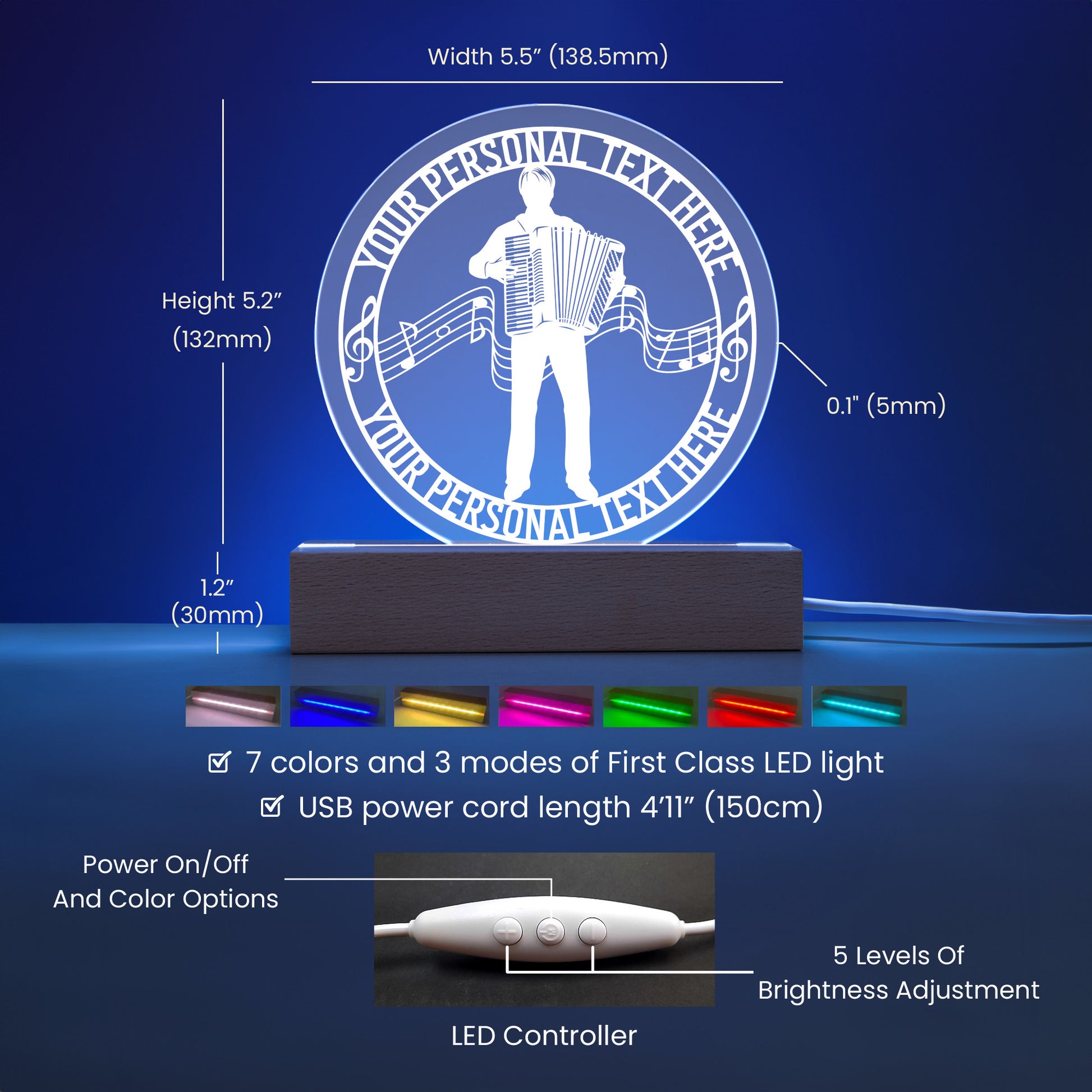 Personalized Accordion Player And Notes Name USB Powered LED Acrylic Sign With Custom Text