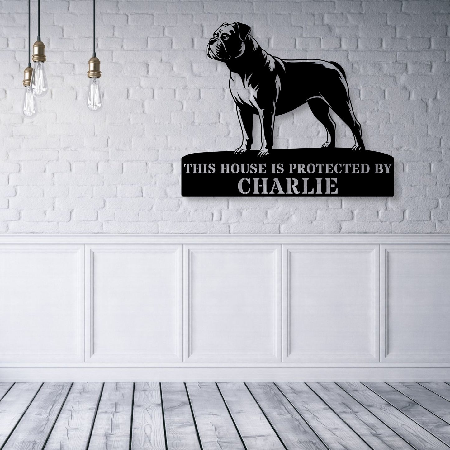 Personalized American Bulldog Guard Metal Sign In Black. Custom steel sign wall decor for dog lovers..