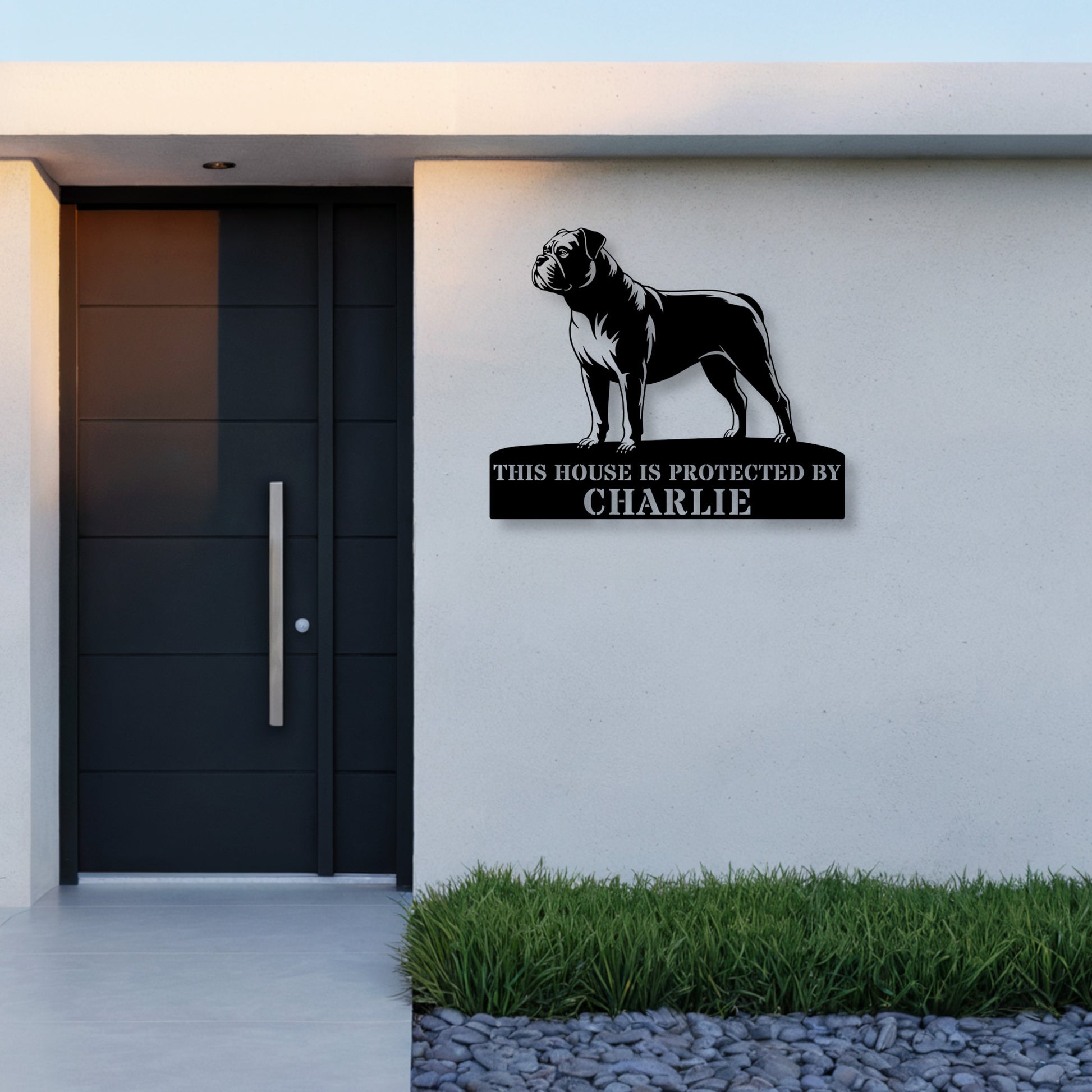 Personalized American Bulldog Guard Metal Sign In Black. Custom steel sign wall decor for dog lovers.