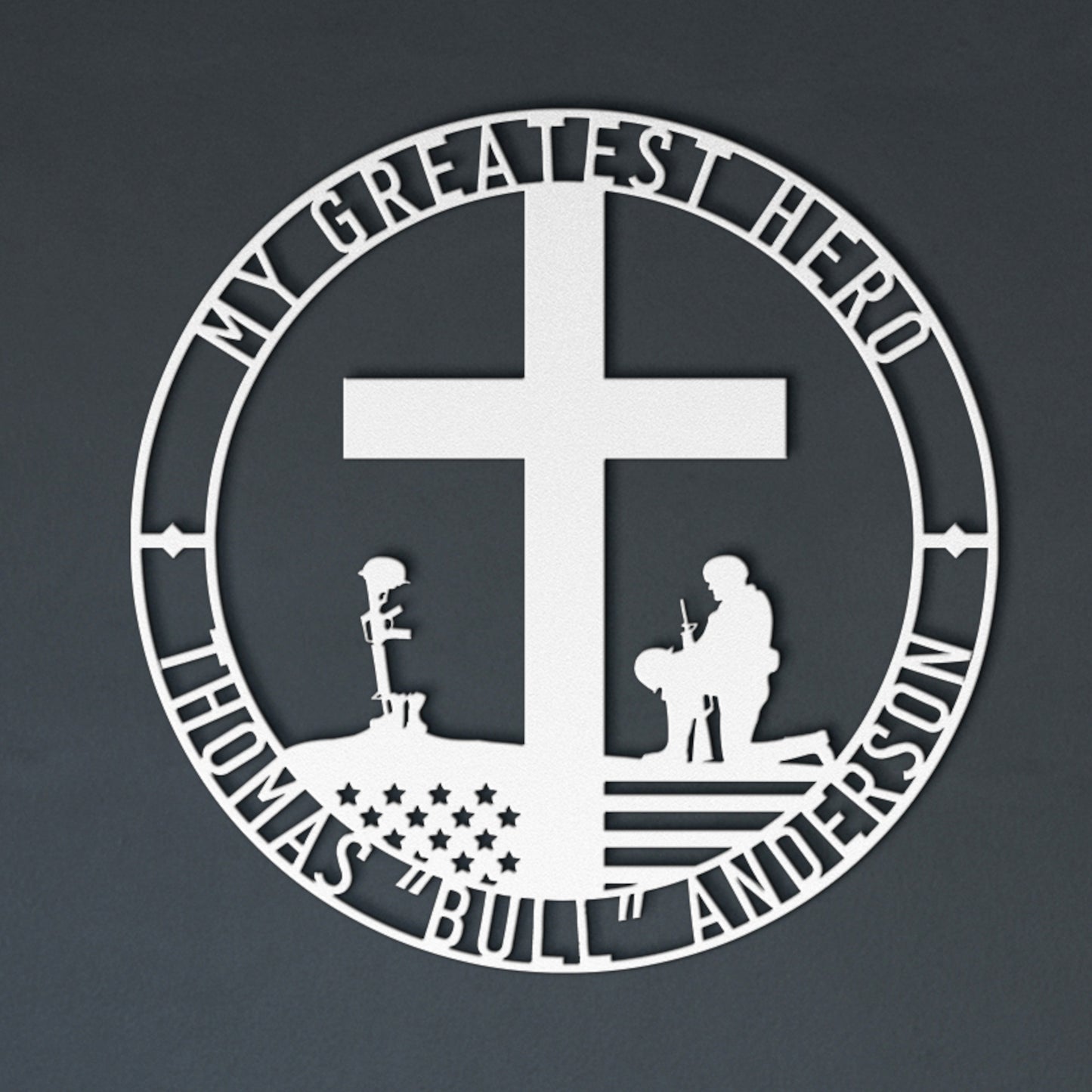 Personalized Battlefield Cross Metal Sign In White