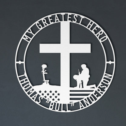 Personalized Battlefield Cross Metal Sign In White