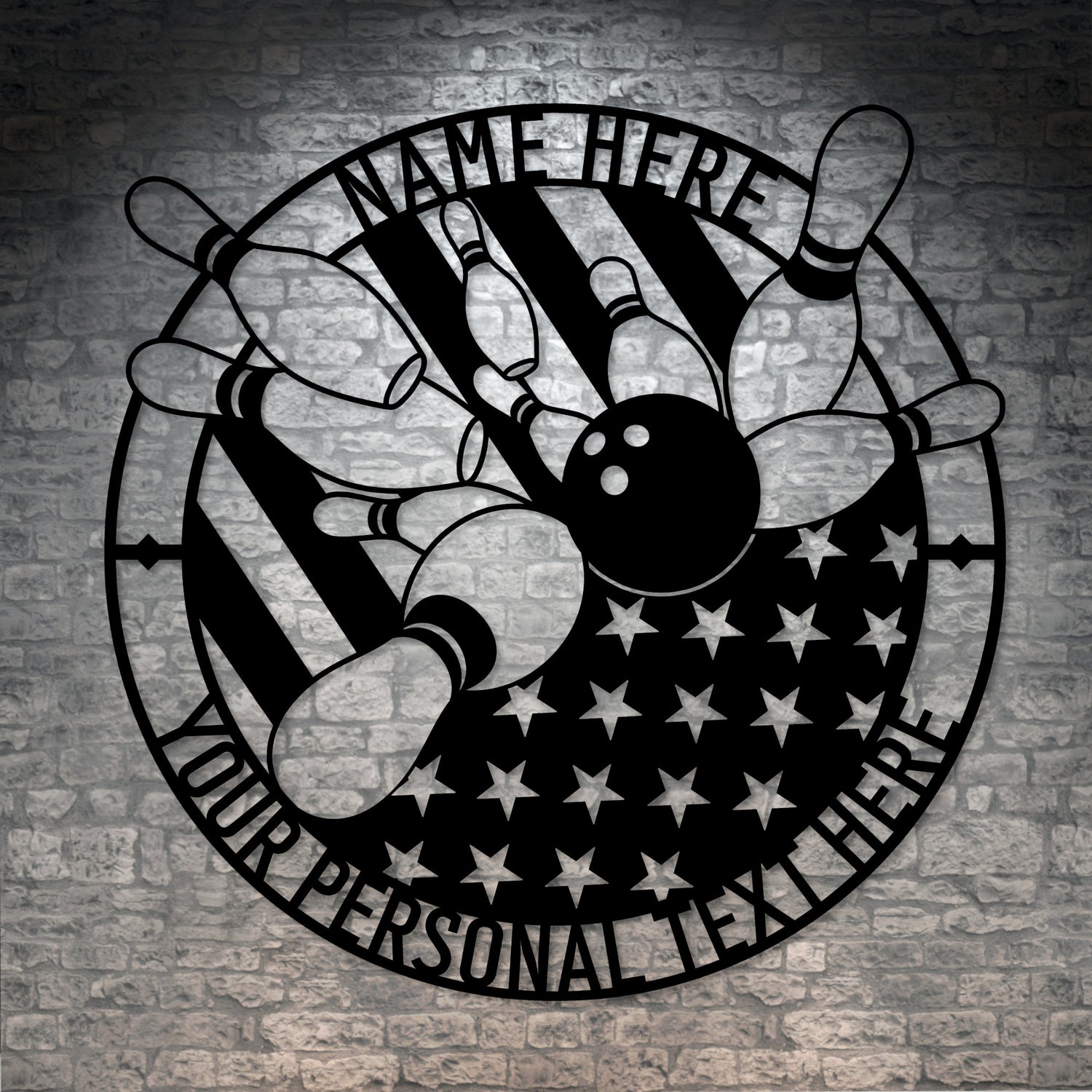 Personalized Bowling Strike Name Metal Sign Decor In Black With Custom Text