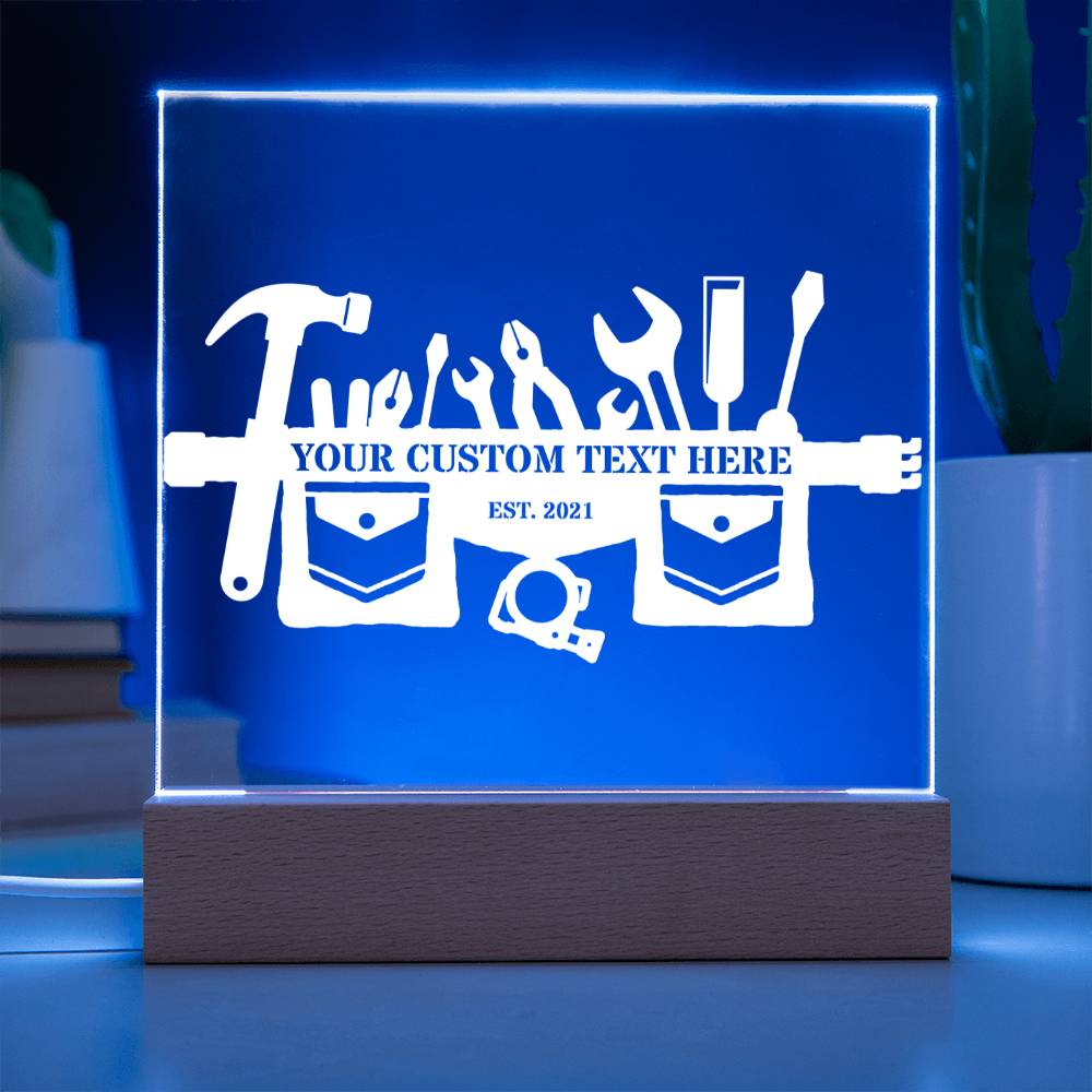 Personalized Carpenter Toolbelt LED Acrylic Sign In Blue With Custom Text