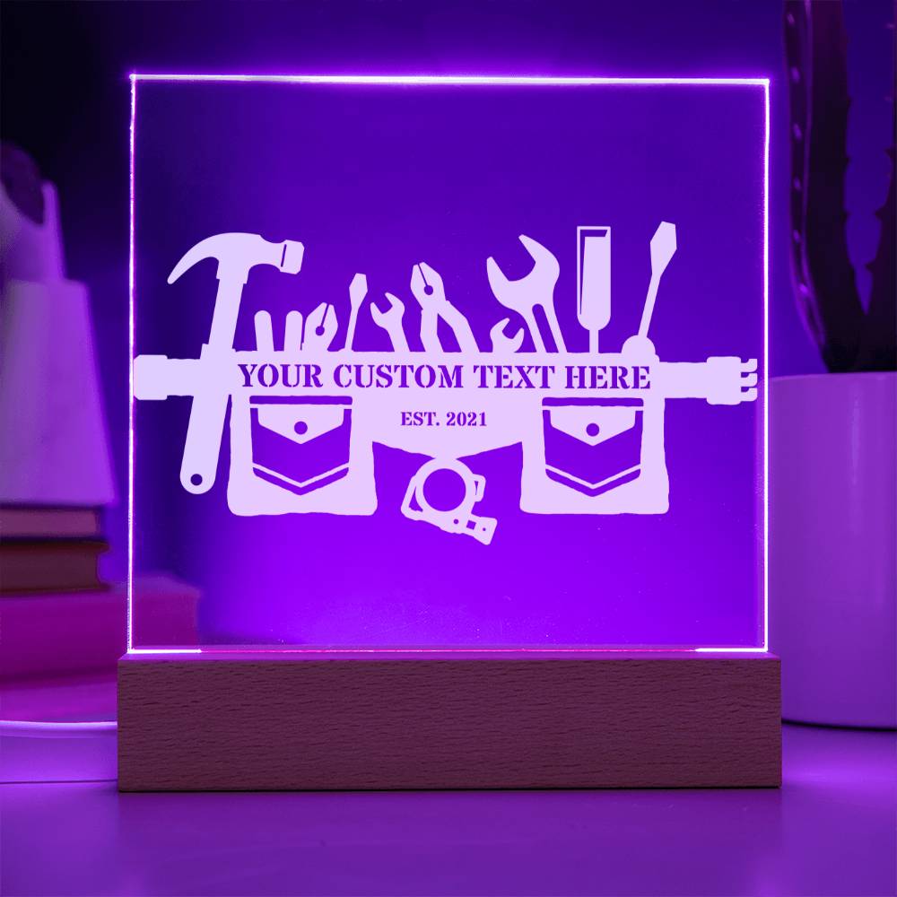 Personalized Carpenter Toolbelt LED Acrylic Sign In Purple With Custom Text
