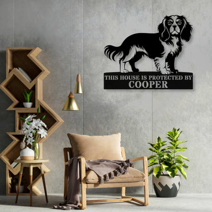 Personalized Cavalier King Guard Metal Sign In Black. Custom steel sign wall decor for dog lovers..