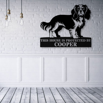 Personalized Cavalier King Guard Metal Sign In Black. Custom steel sign wall decor for dog lovers.