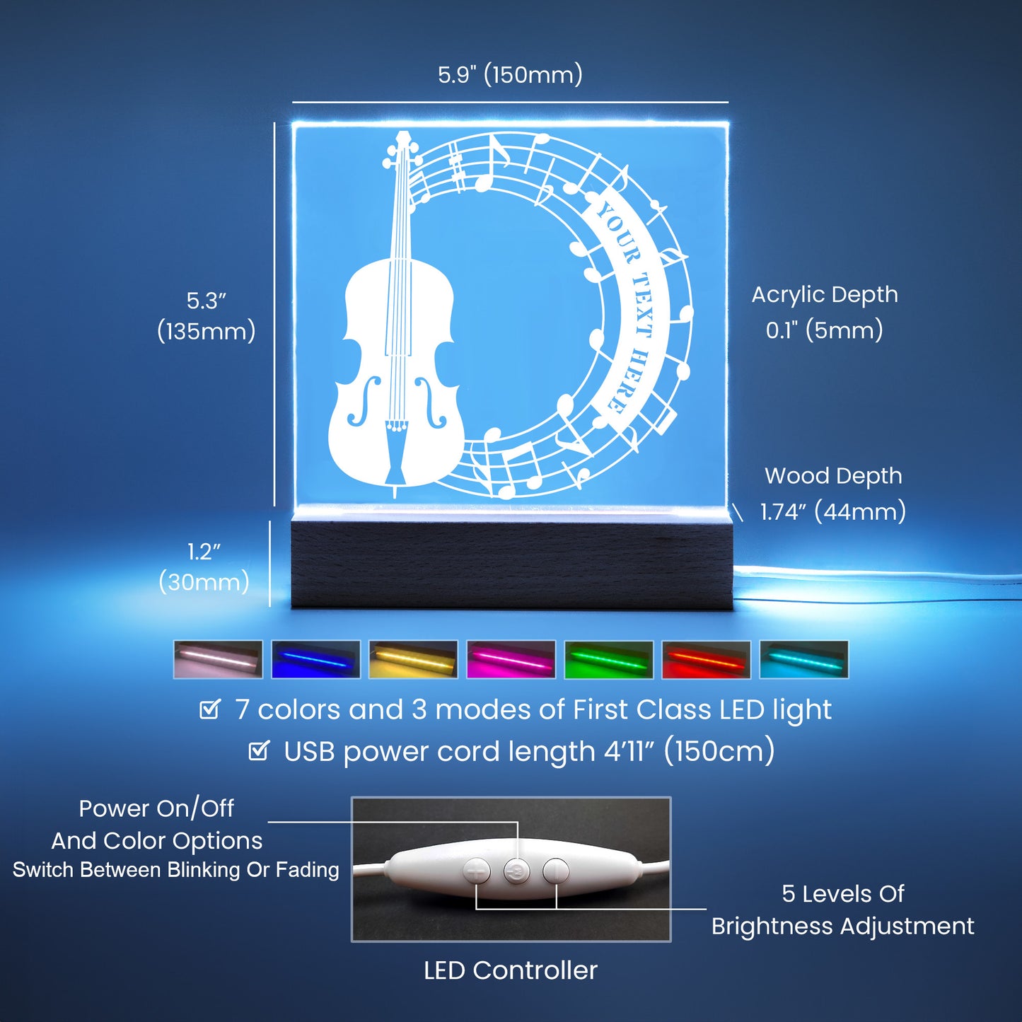 Personalized Cello And Notes Name USB Powered LED Acrylic Sign With Custom Text