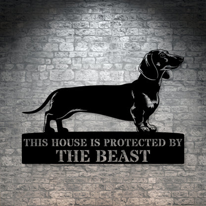 Personalized Dachshund Guard Metal Sign In Black. Custom steel sign wall decor for dog lovers
