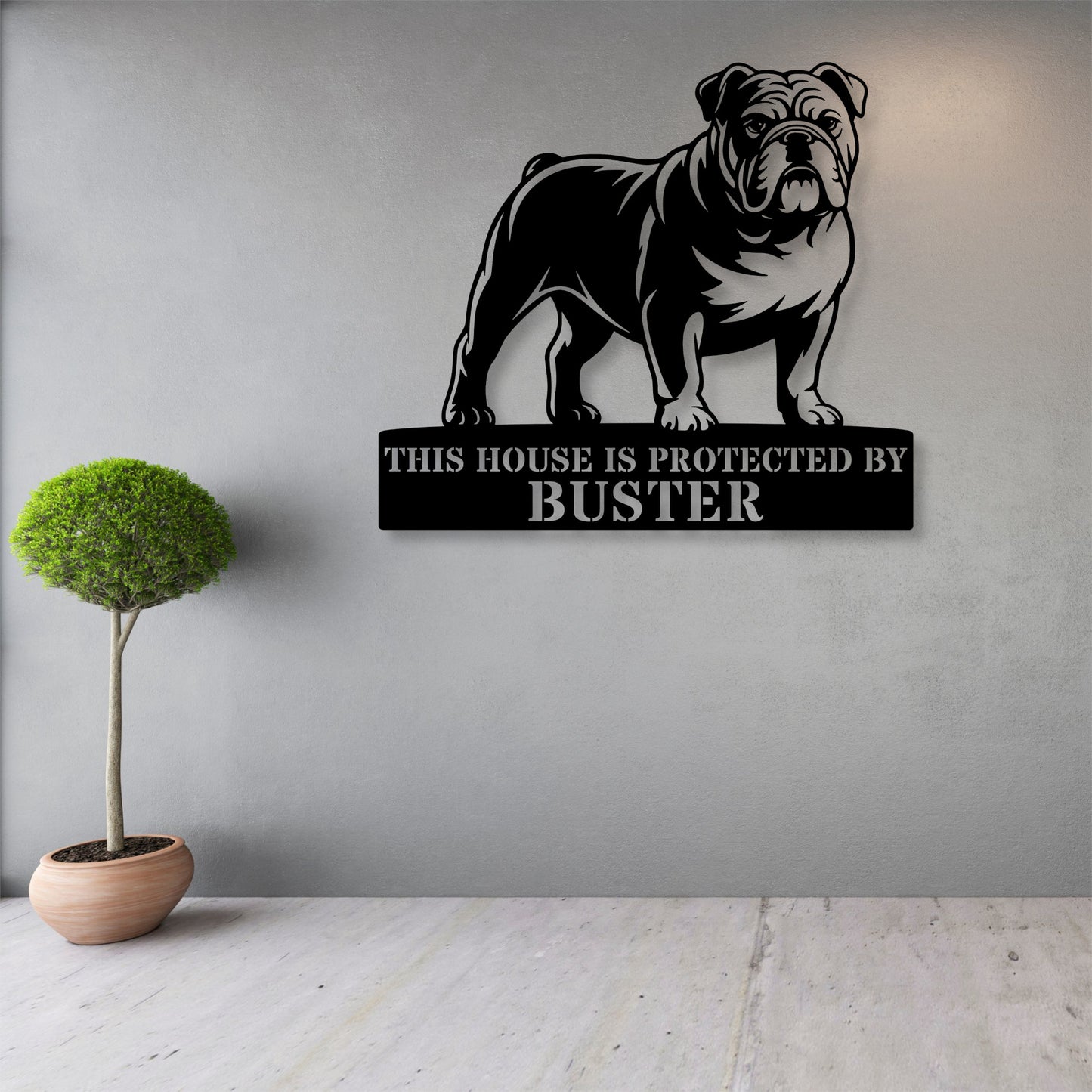 Personalized English Bulldog Guard Metal Sign In Black. Custom steel sign wall decor for dog lovers....