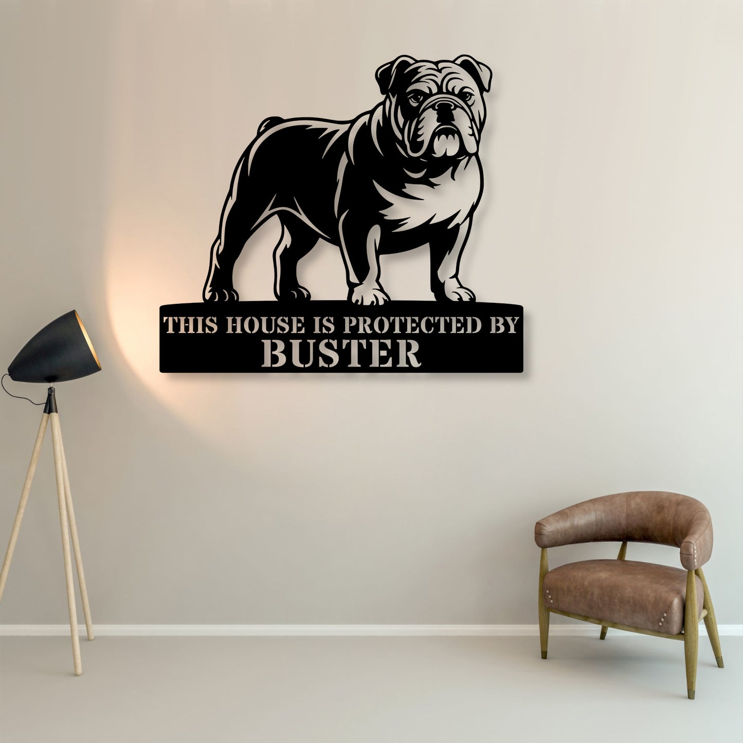 Personalized English Bulldog Guard Metal Sign In Black. Custom steel sign wall decor for dog lovers...