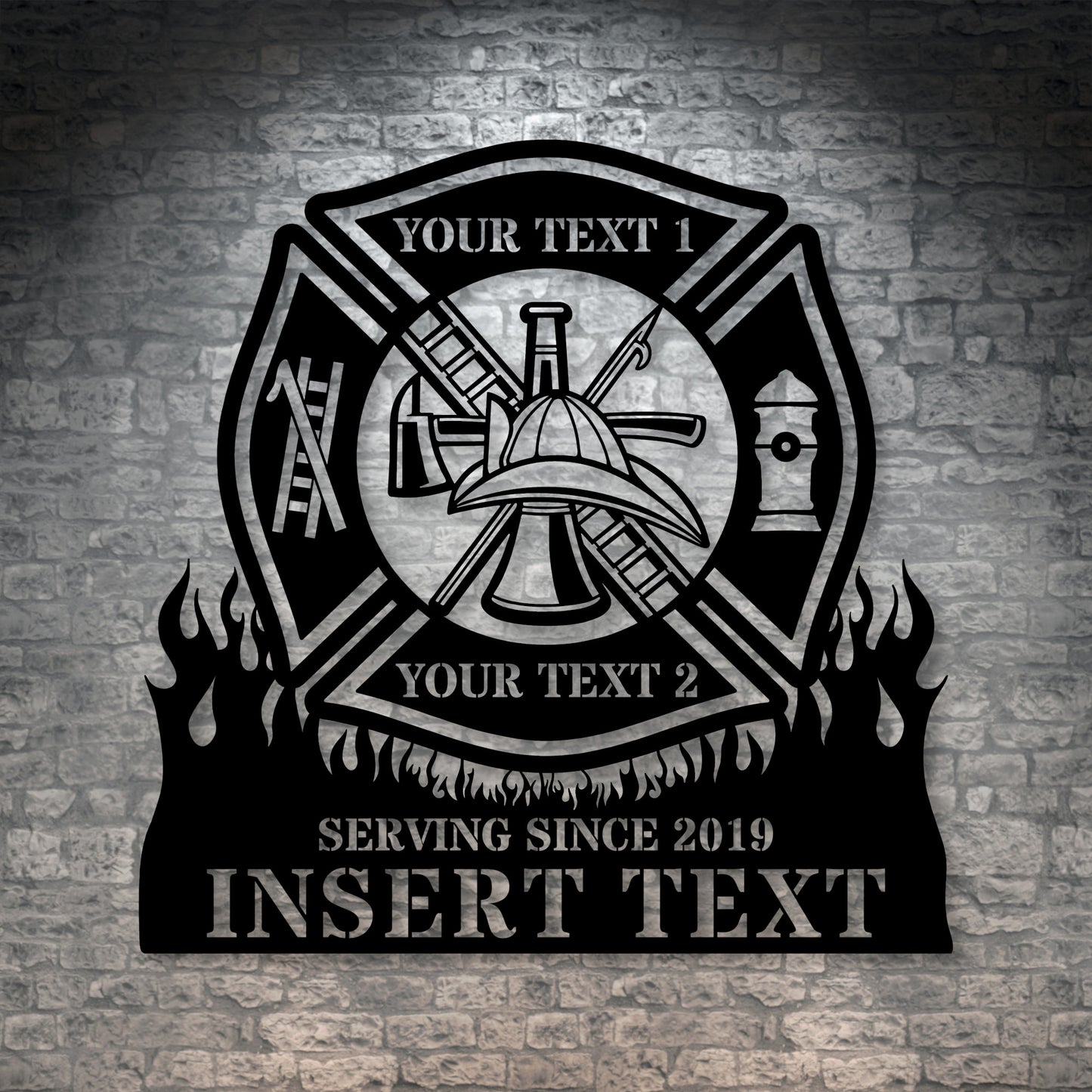 Personalized Fire Department Maltese Cross Metal Sign In Black. Custom Firefighter Wall Decor