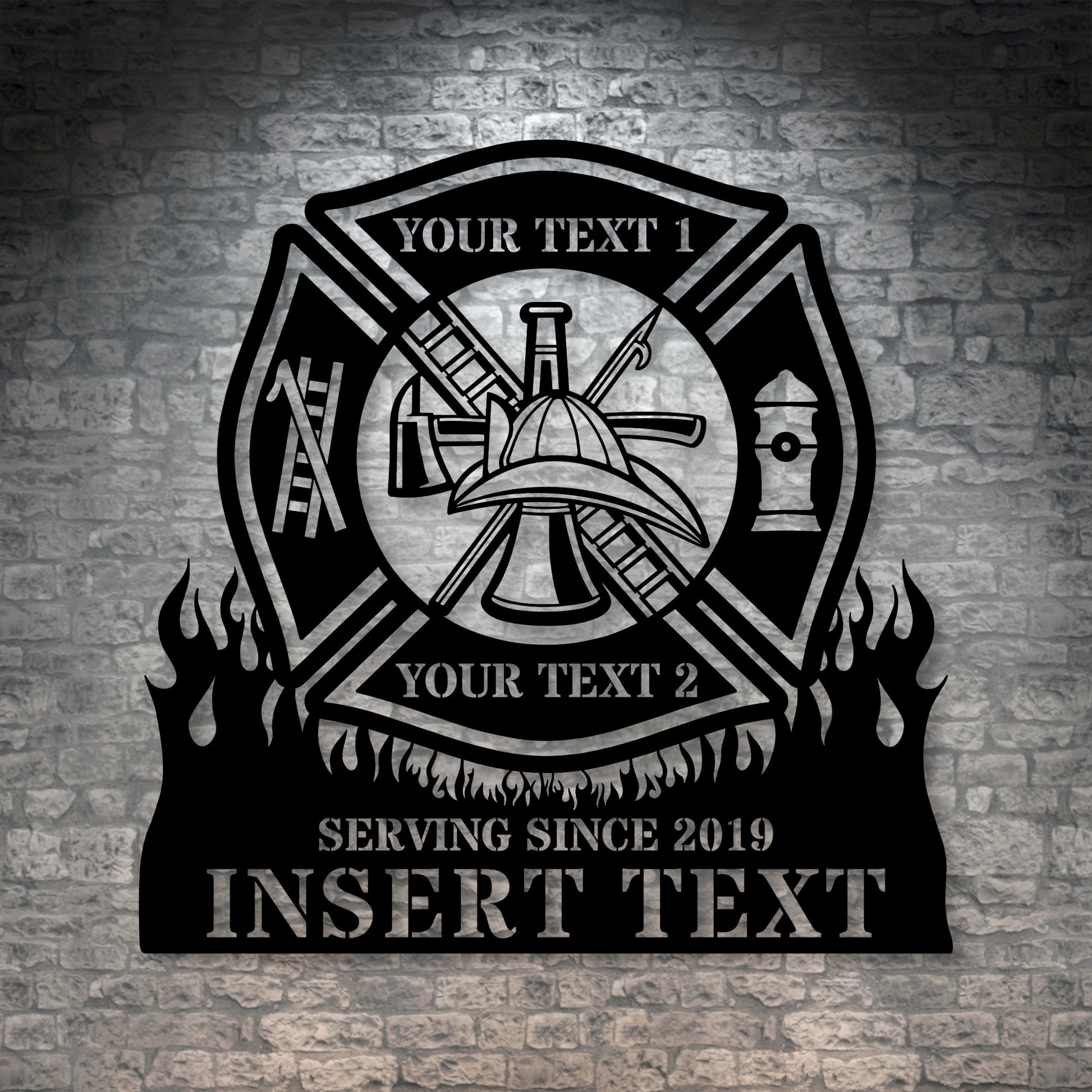 Personalized Fire Department Maltese Cross Metal Sign In Black. Custom Firefighter Wall Decor