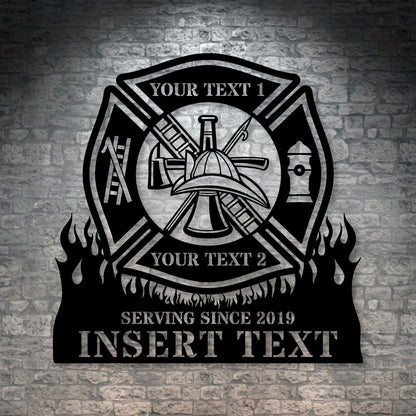 Personalized Fire Department Maltese Cross Metal Sign In Black. Custom Firefighter Wall Decor