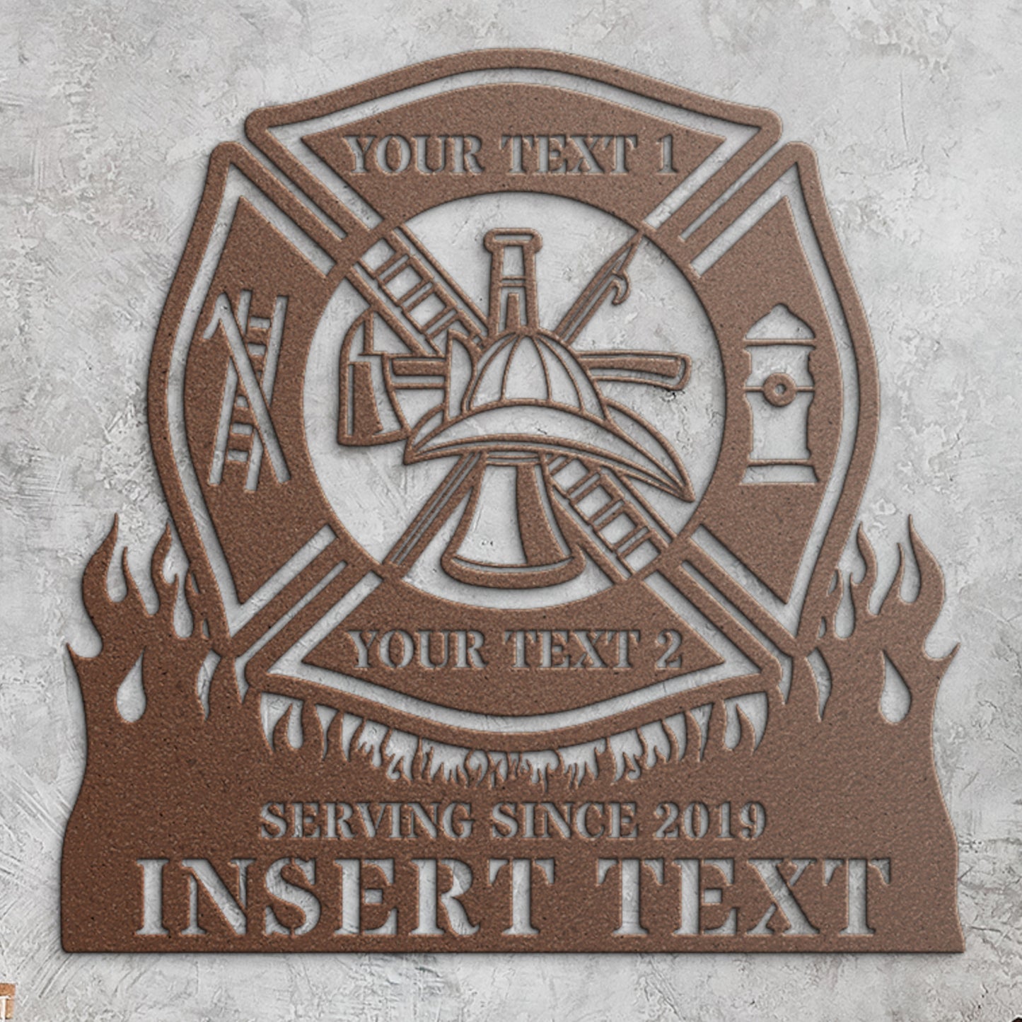 Personalized Fire Department Maltese Cross Metal Sign In Copper. Custom Firefighter Wall Decor