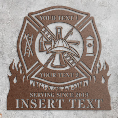 Personalized Fire Department Maltese Cross Metal Sign In Copper. Custom Firefighter Wall Decor
