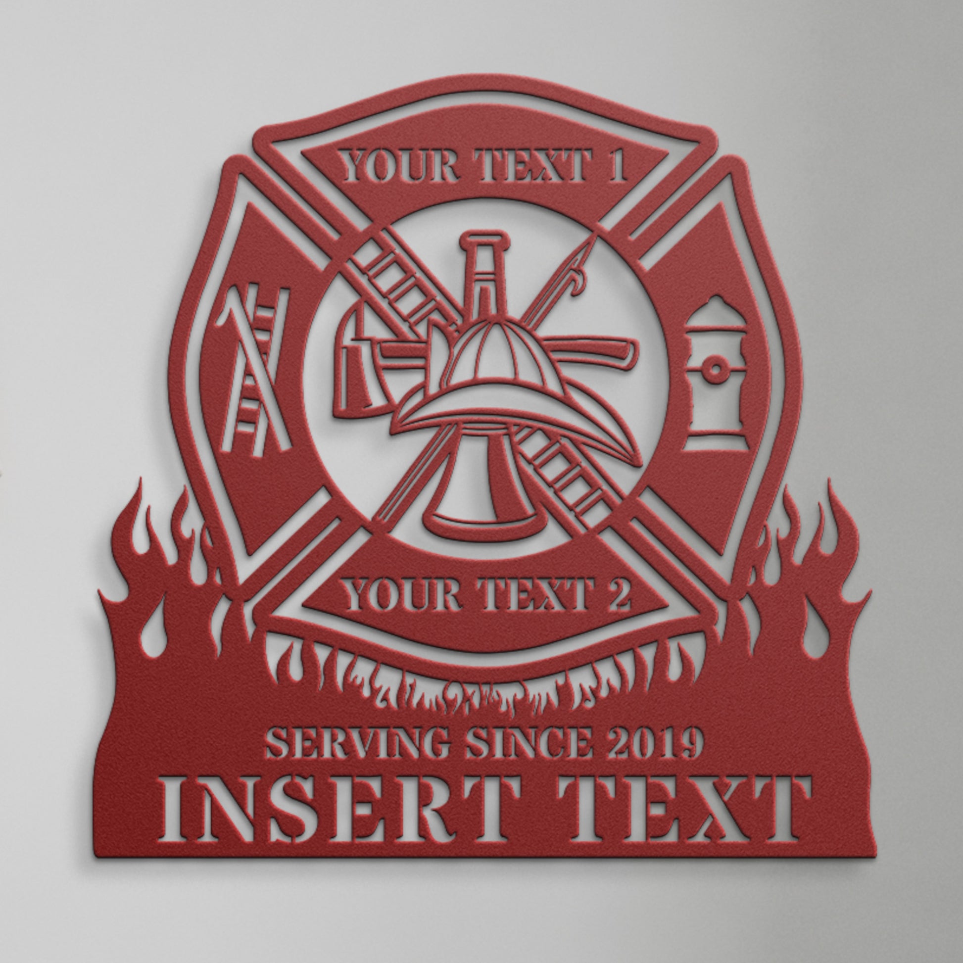 Personalized Fire Department Maltese Cross Metal Sign In Red. Custom Firefighter Wall Decor