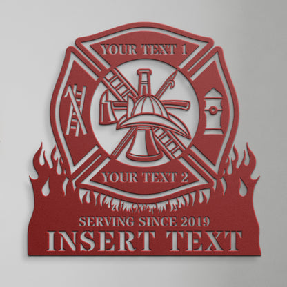 Personalized Fire Department Maltese Cross Metal Sign In Red. Custom Firefighter Wall Decor