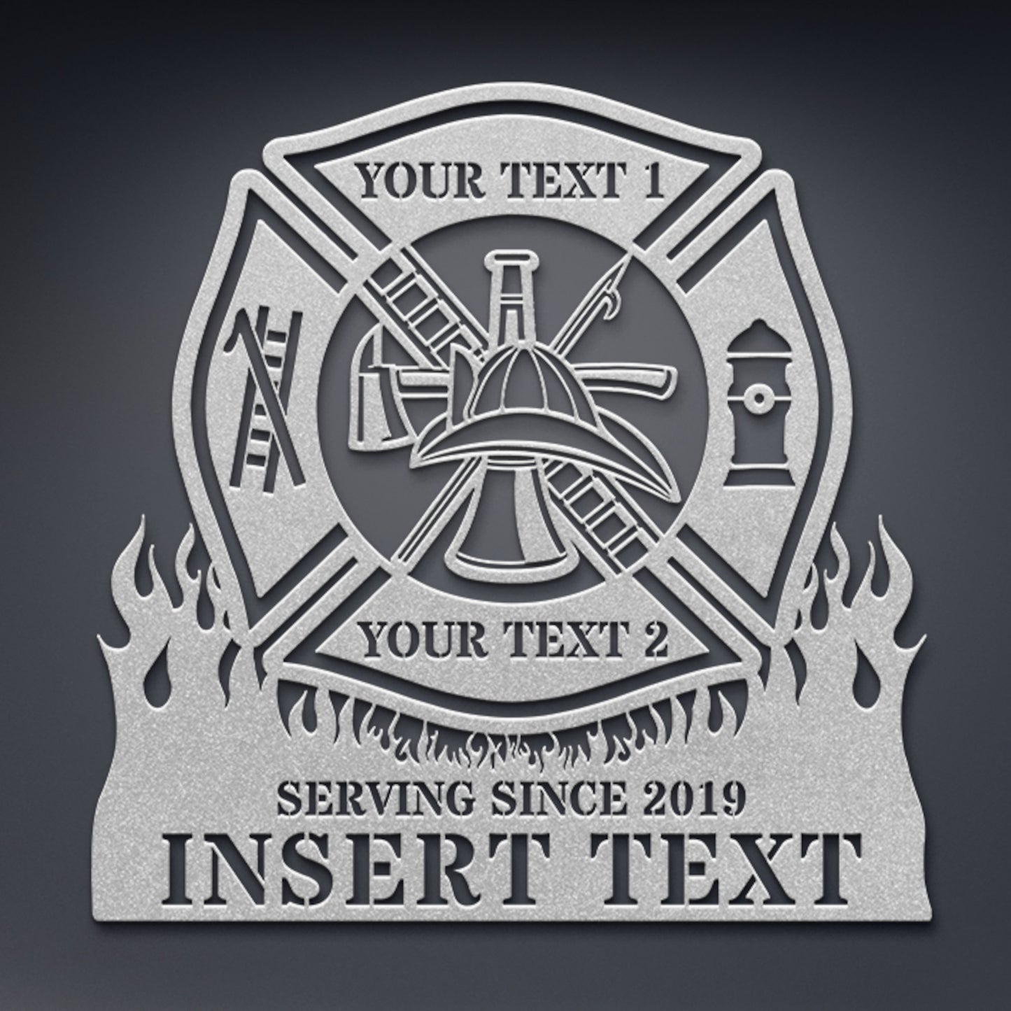Personalized Fire Department Maltese Cross Metal Sign In Silver. Custom Firefighter Wall Decor