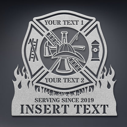 Personalized Fire Department Maltese Cross Metal Sign In Silver. Custom Firefighter Wall Decor