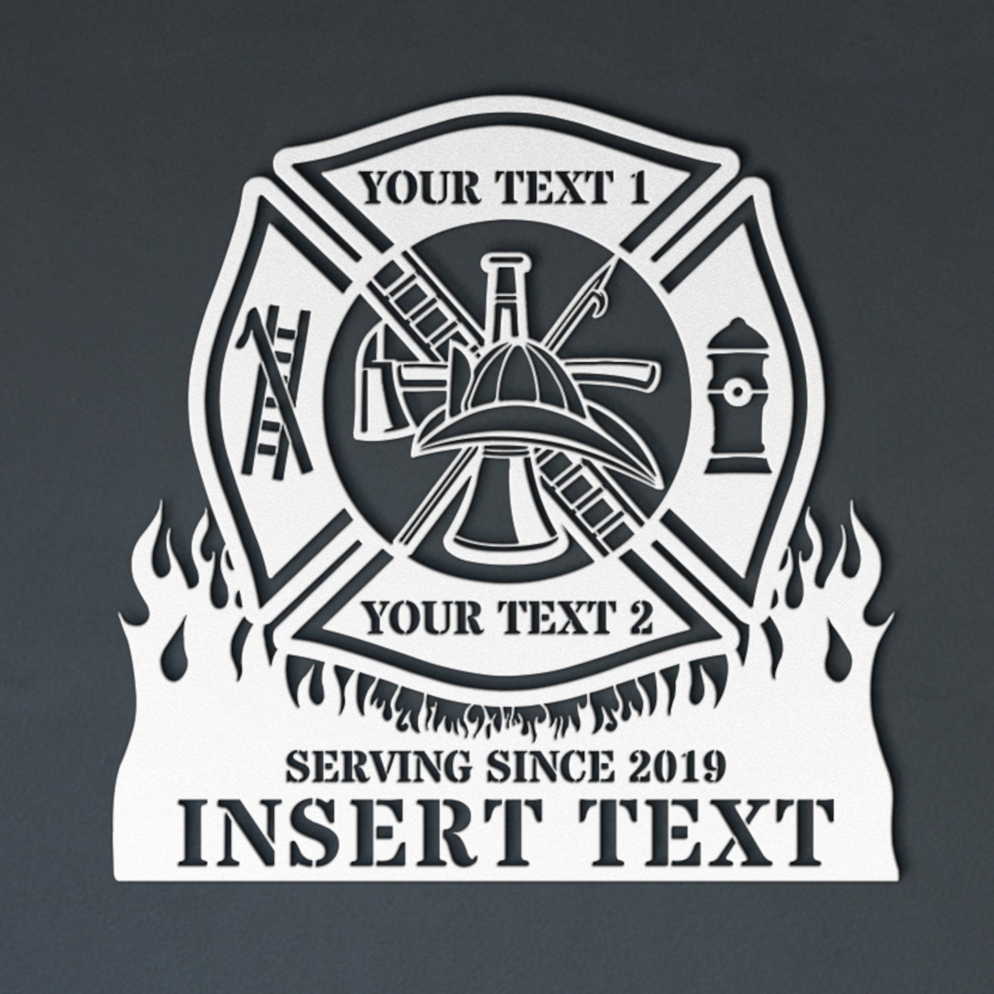 Personalized Fire Department Maltese Cross Metal Sign In White. Custom Firefighter Wall Decor