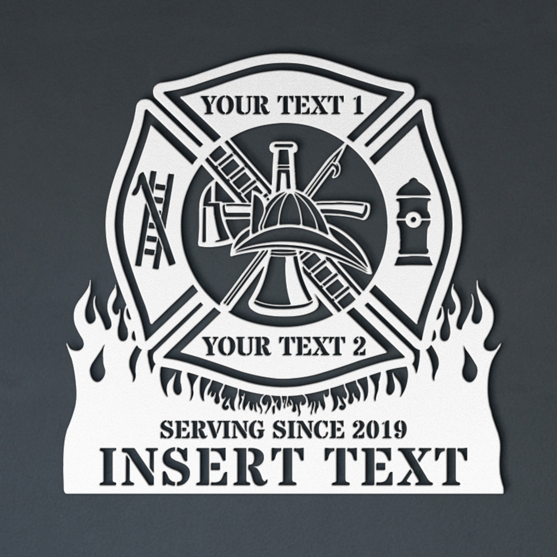 Personalized Fire Department Maltese Cross Metal Sign In White. Custom Firefighter Wall Decor