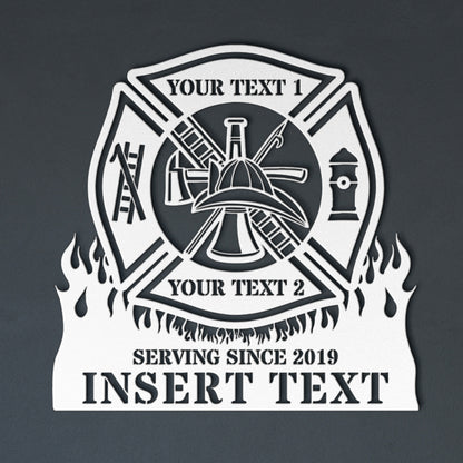 Personalized Fire Department Maltese Cross Metal Sign In White. Custom Firefighter Wall Decor