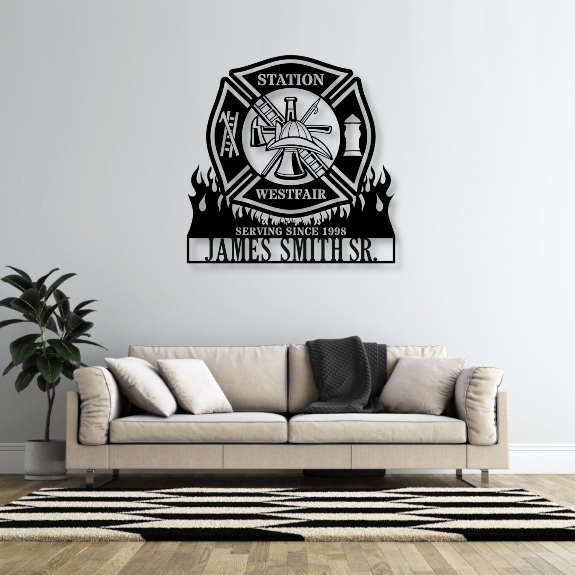 Personalized Fire Department Metal Sign In Black. Custom Maltese Cross Wall Decor...