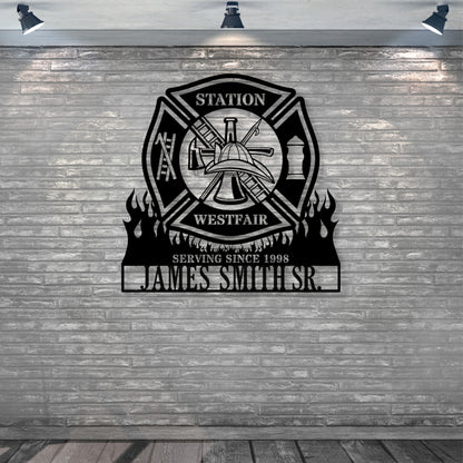 Personalized Fire Department Metal Sign In Black. Custom Maltese Cross Wall Decor..