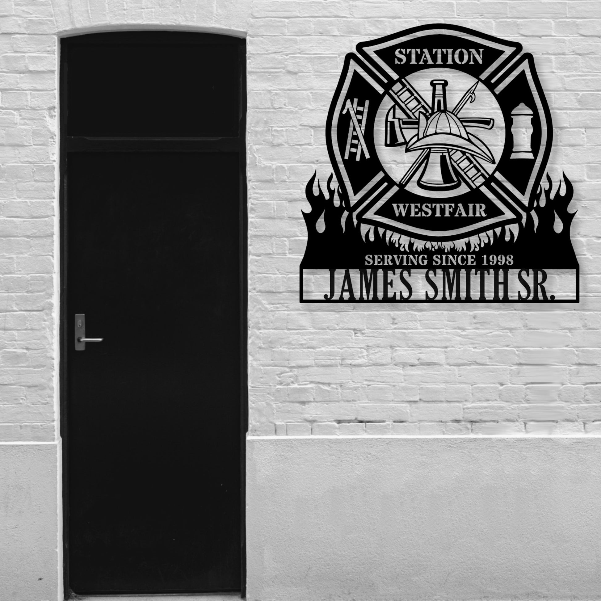 Personalized Fire Department Metal Sign In Black. Custom Maltese Cross Wall Decor.