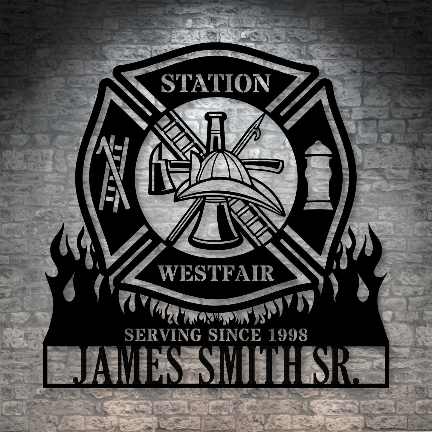 Personalized Fire Department Metal Sign In Black. Custom Maltese Cross Wall Decor