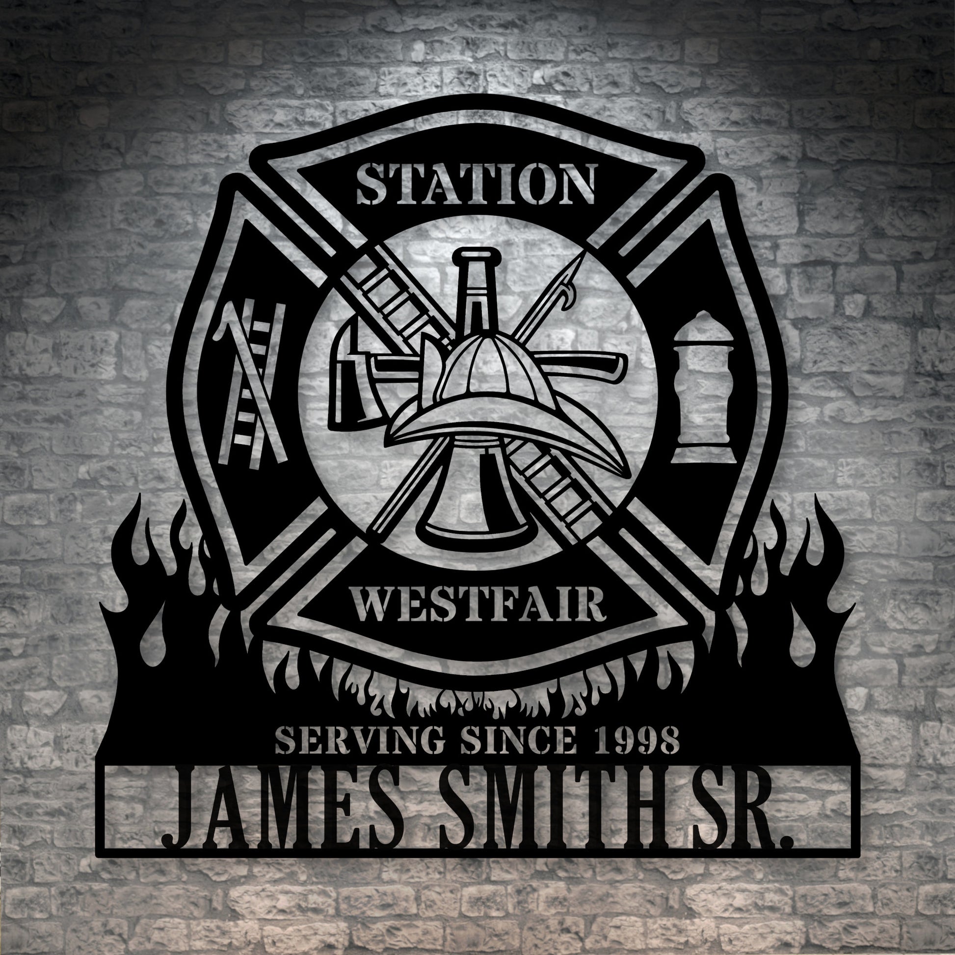 Personalized Fire Department Metal Sign In Black. Custom Maltese Cross Wall Decor