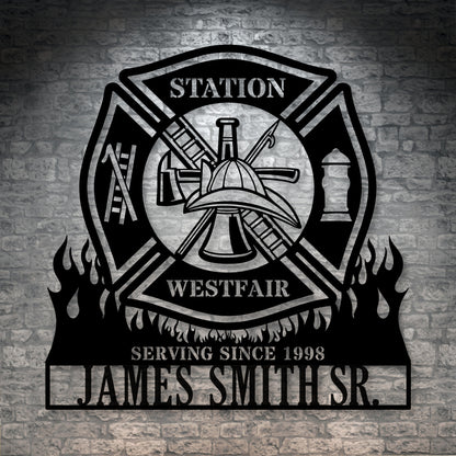 Personalized Fire Department Metal Sign In Black. Custom Maltese Cross Wall Decor