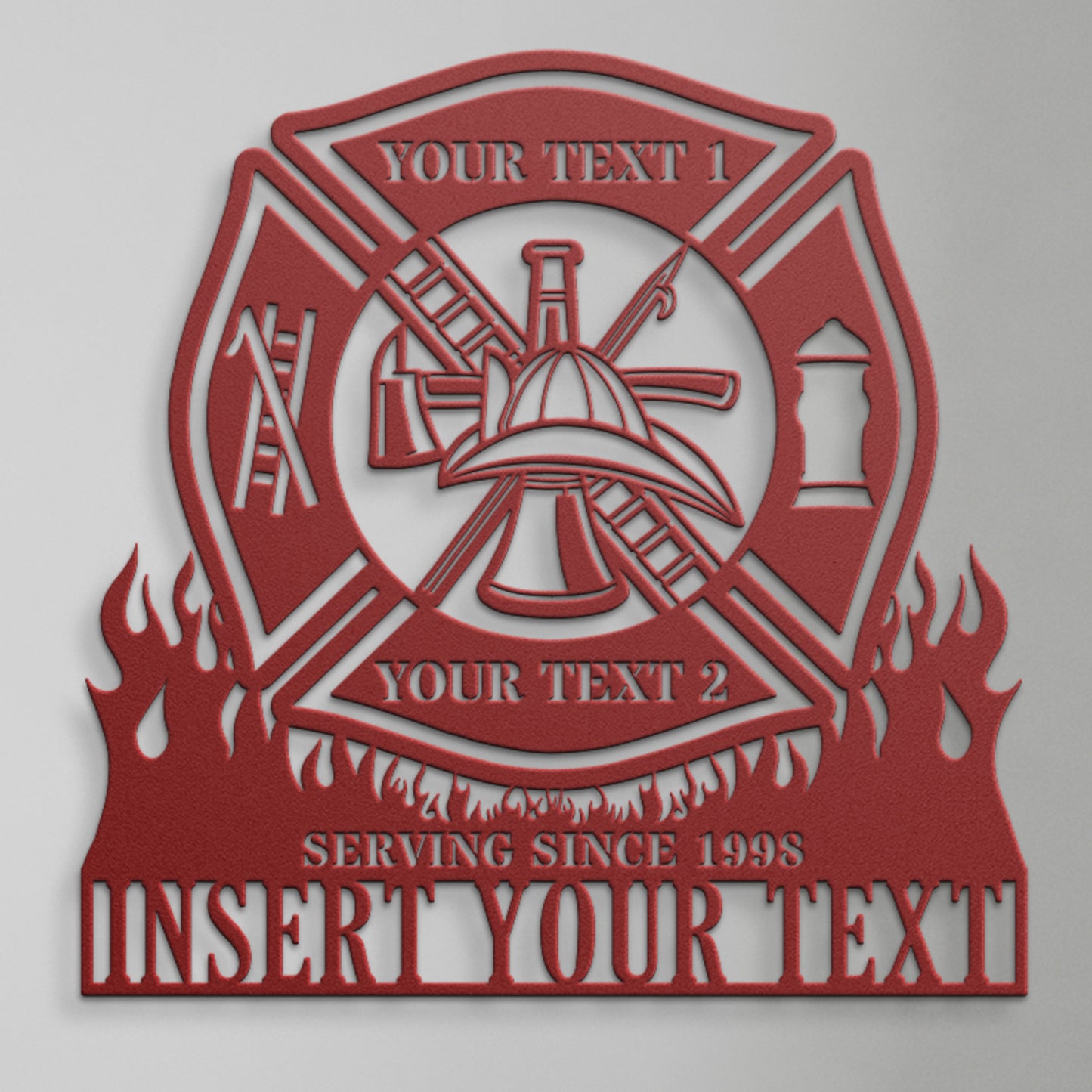 Personalized Fire Department Metal Sign In Red. Custom Maltese Cross Wall Decor.