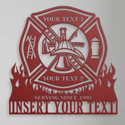 Personalized Fire Department Metal Sign In Red. Custom Maltese Cross Wall Decor.