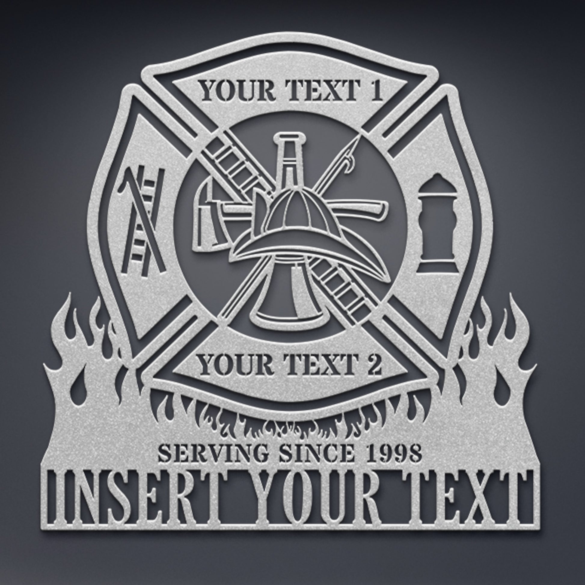 Personalized Fire Department Metal Sign In Silver. Custom Maltese Cross Wall Decor.