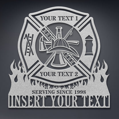 Personalized Fire Department Metal Sign In Silver. Custom Maltese Cross Wall Decor.
