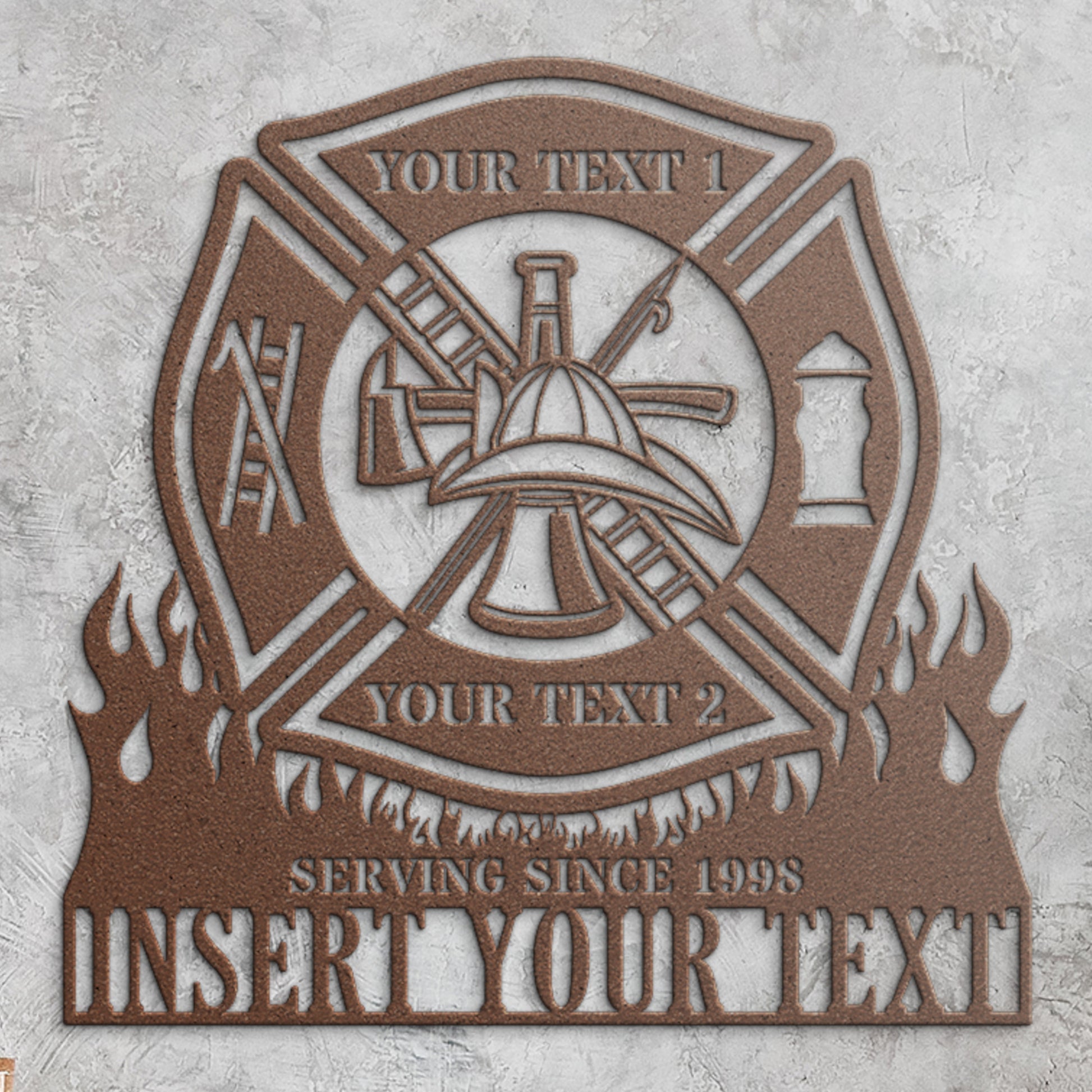 Personalized Fire Department Metal Sign In copper. Custom Maltese Cross Wall Decor.