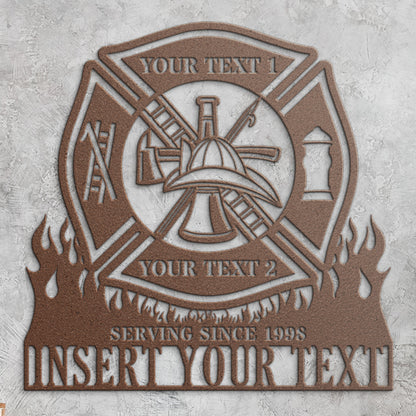 Personalized Fire Department Metal Sign In copper. Custom Maltese Cross Wall Decor.