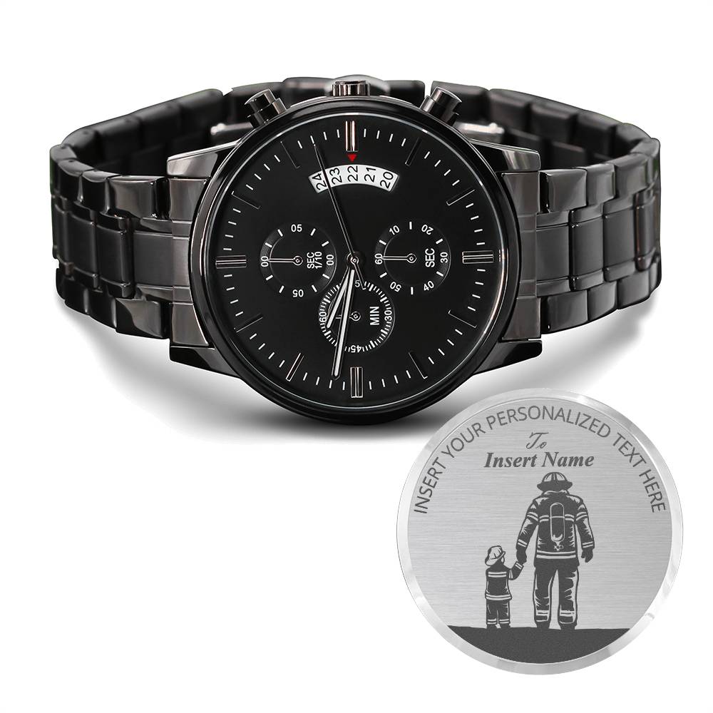 Personalized Firefighter Dad Laser-Engraved Metal Watch Gift. Custom Mens Wristwatch With Custom Text And LED Gift Box 2