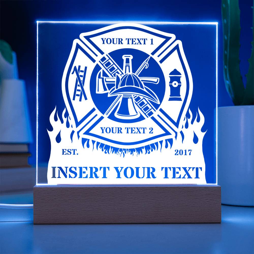 Personalized Firefighter Maltese Cross LED Acrylic Sign In Blue With Custom Text