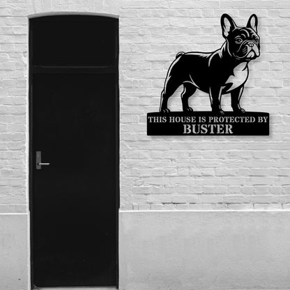 Personalized French Bulldog Guard Metal Sign In Black. Custom steel sign wall decor for dog lovers....