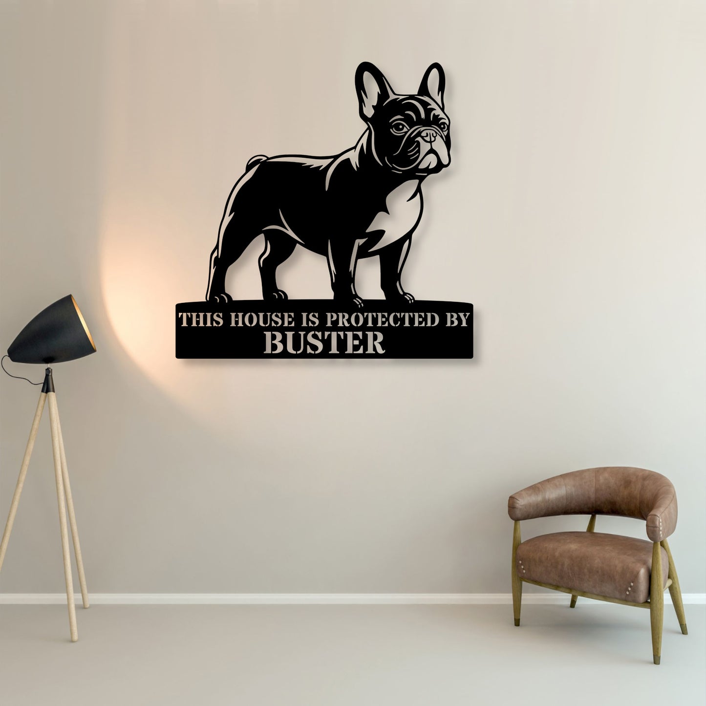 Personalized French Bulldog Guard Metal Sign In Black. Custom steel sign wall decor for dog lovers...