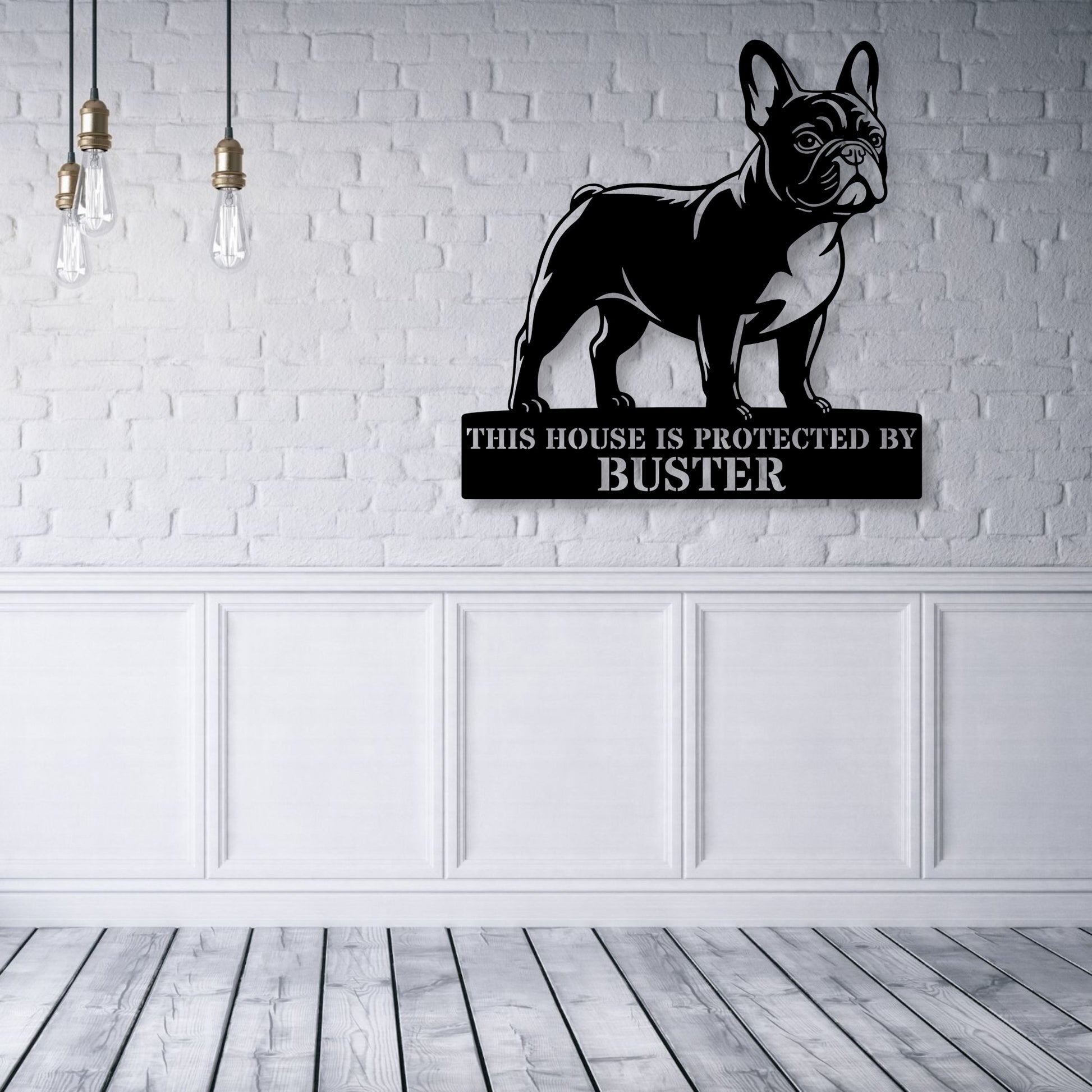 Personalized French Bulldog Guard Metal Sign In Black. Custom steel sign wall decor for dog lovers..