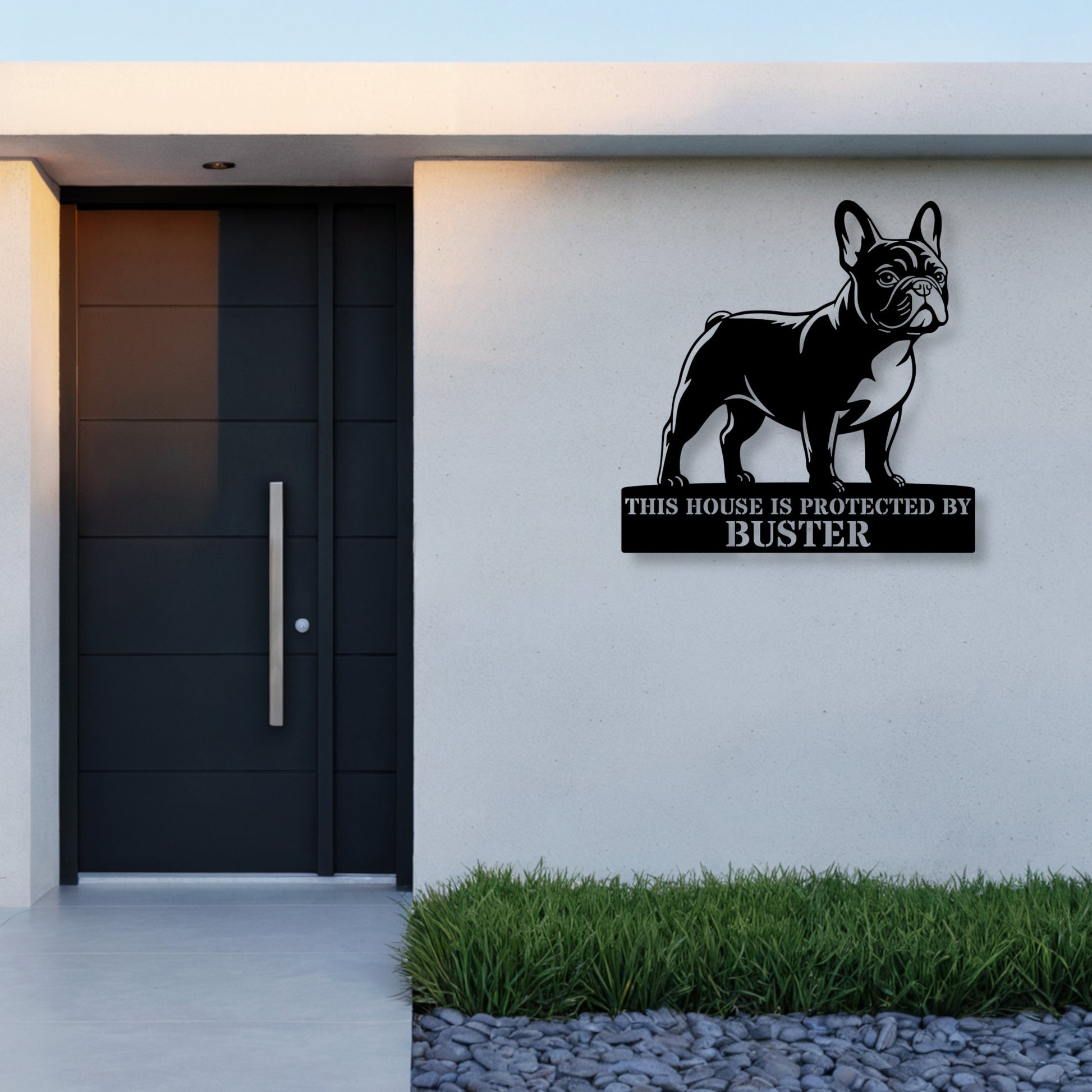 Personalized French Bulldog Guard Metal Sign In Black. Custom steel sign wall decor for dog lovers.