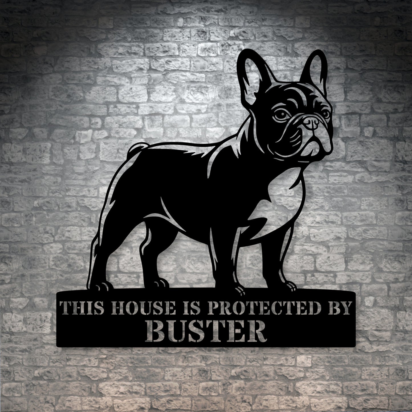 Personalized French Bulldog Guard Metal Sign In Black. Custom steel sign wall decor for dog lovers1