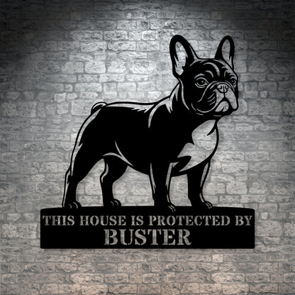 Personalized French Bulldog Guard Metal Sign In Black. Custom steel sign wall decor for dog lovers1