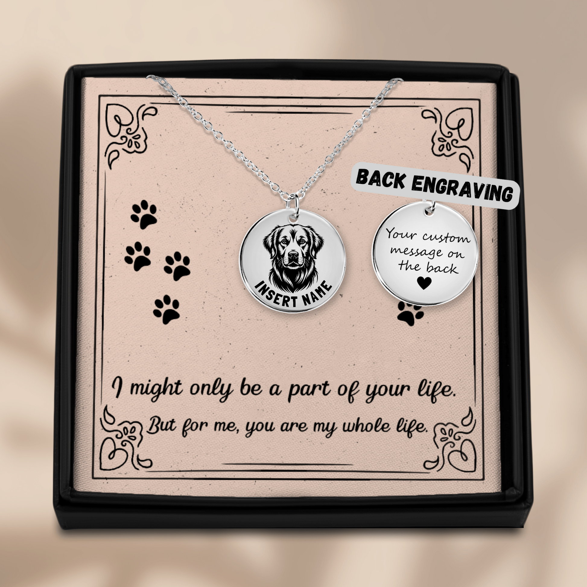 Personalized Golden Retriever engraved silver necklace in jewelry box with message card.