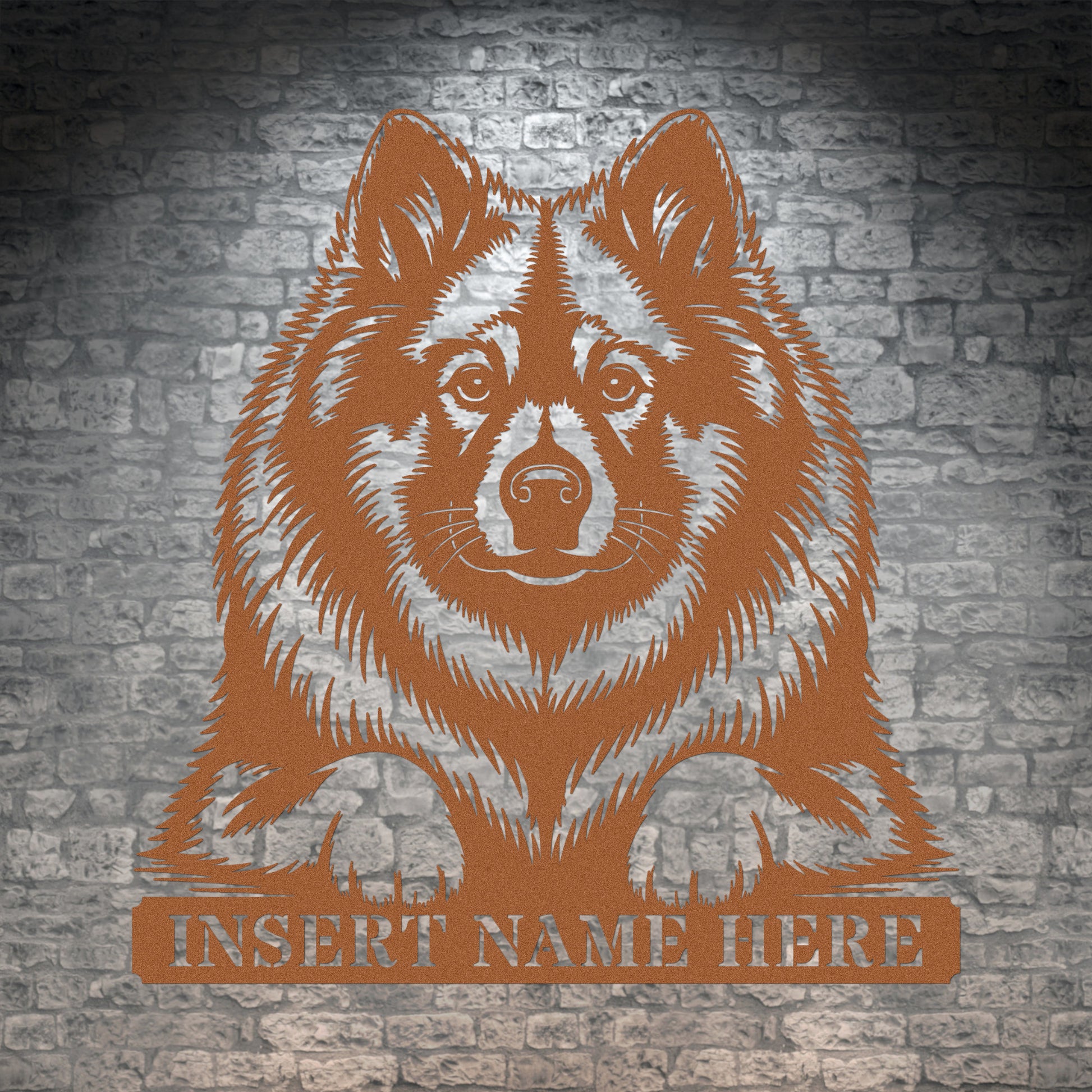 Personalized Keeshond Metal Sign In Brown With Your Custom Text. Unique Dog Lover Gift