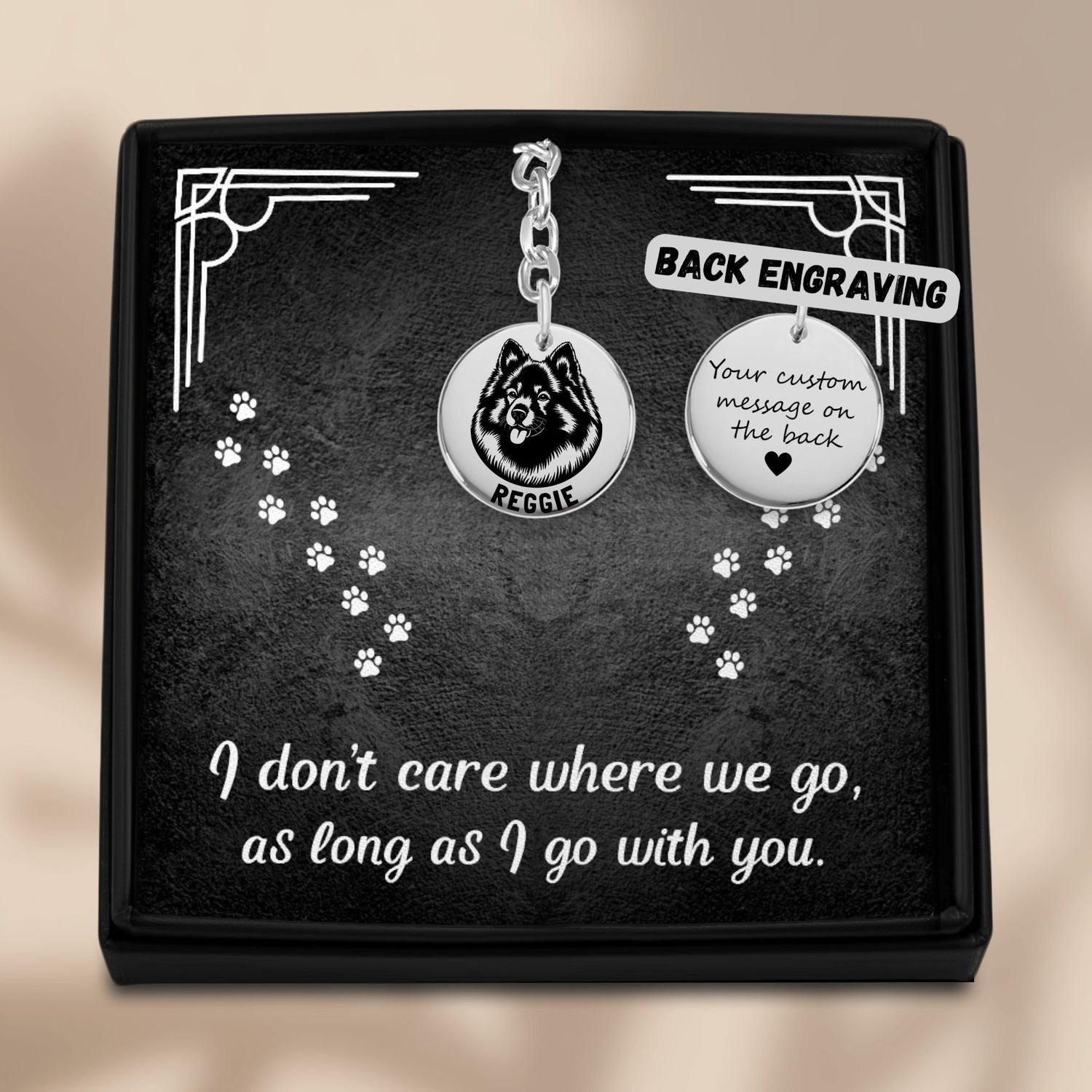Personalized Keeshond engraved silver keychain in a jewelry box with a sweet message card 1