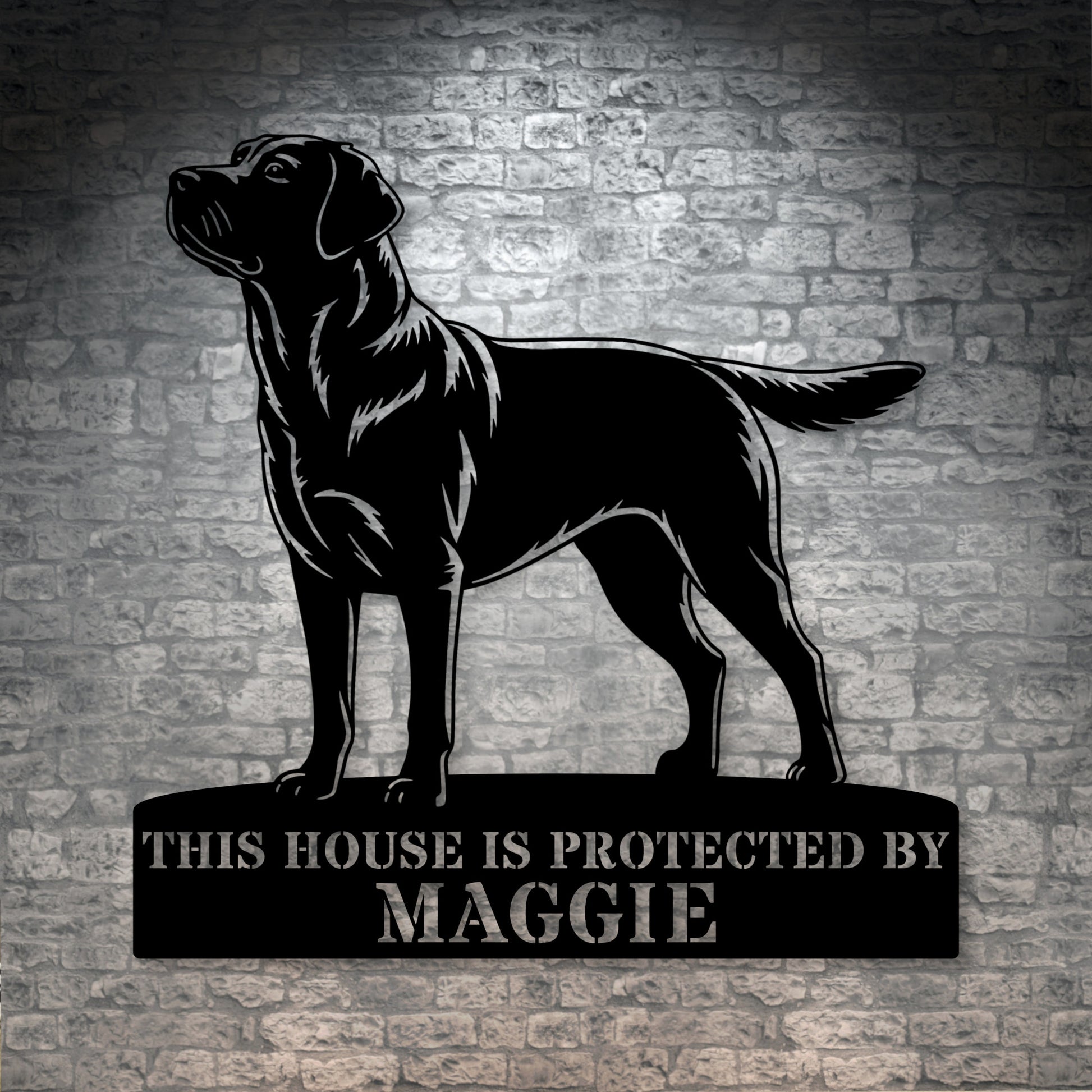 Personalized Labrador Retriever Guard Metal Sign In Black. Custom steel sign wall decor for dog lovers